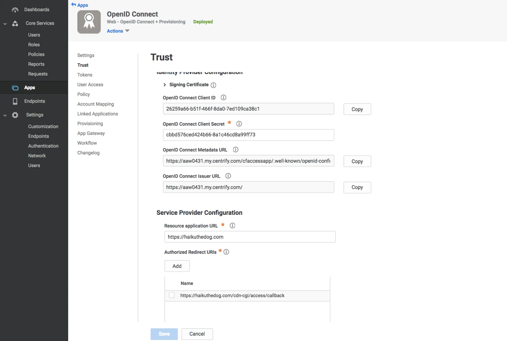 Centrify Trust Identity Provider Configuration with team domain and callback