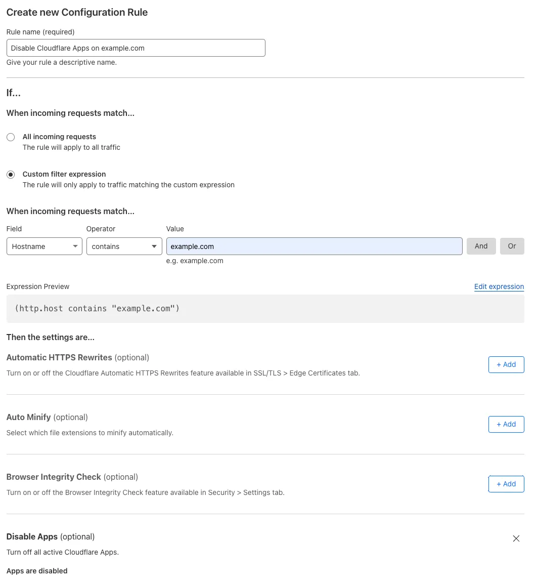 Configuration rule matching the 'Disable Apps' setting of the example Page Rule